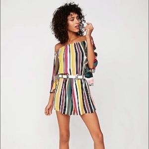 Striped Off Shoulder Bell Sleeve Romper